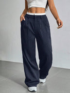 Striped high-waist straight trousers with pockets