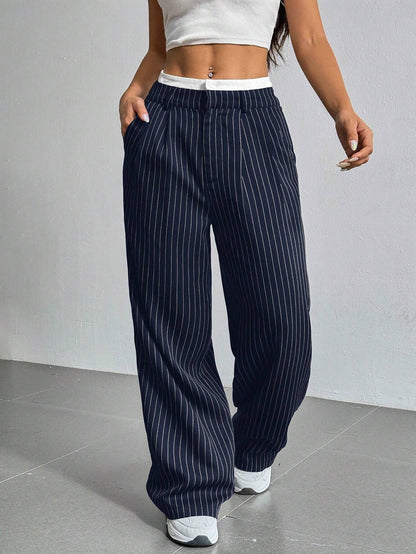 Striped high-waist straight trousers with pockets