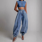 High-waist zipper denim harem pants
