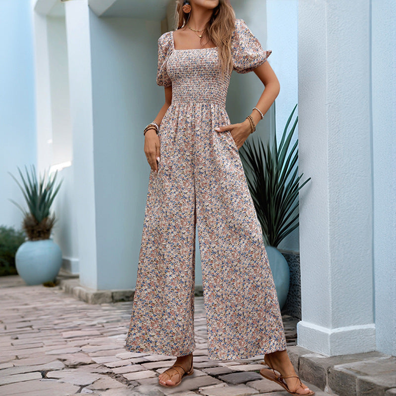 Square-neck puff-sleeve floral jumpsuit