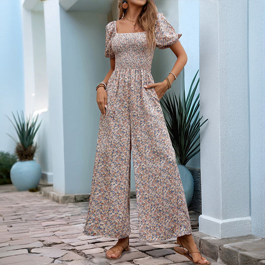 Square-neck puff-sleeve floral jumpsuit