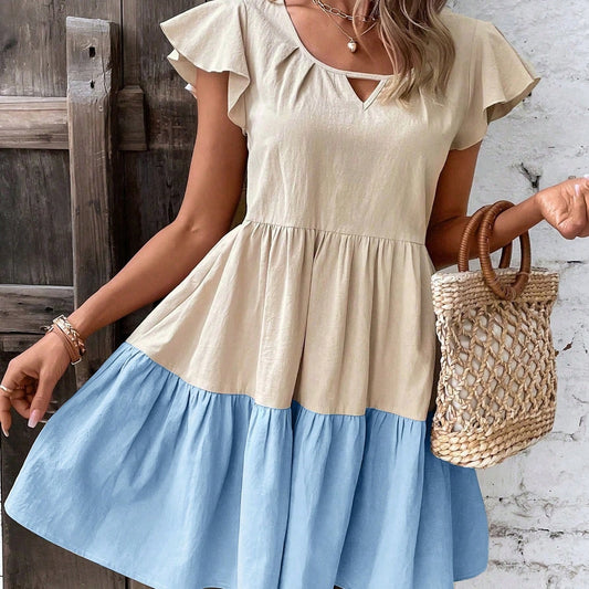 Colorblock keyhole smock dress with ruffle hem