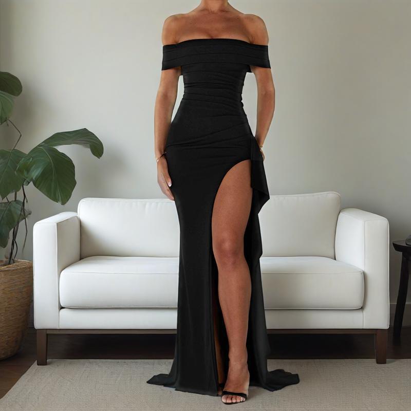 Side-slit tailored off-shoulder maxi dress