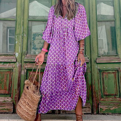 Vintage boho printed V-neck maxi dress