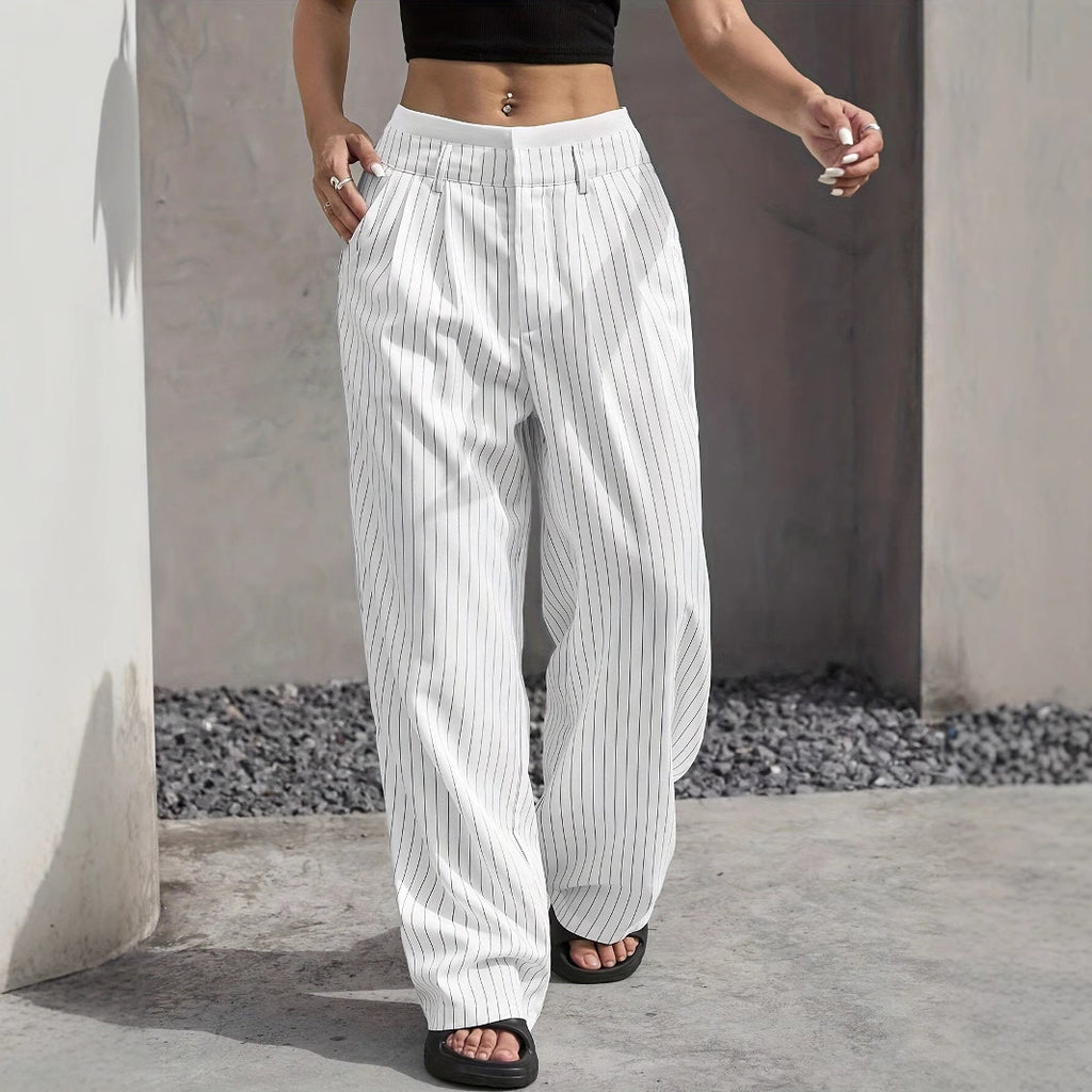 Striped high-waist straight trousers with pockets