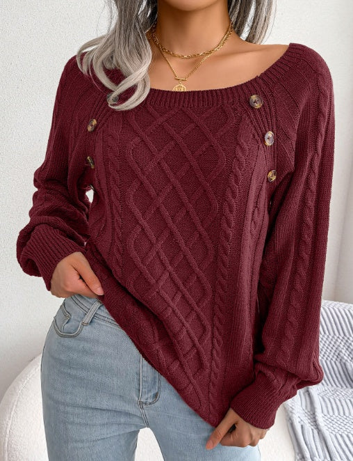 Square Neck Knitted Sweater with Buttons