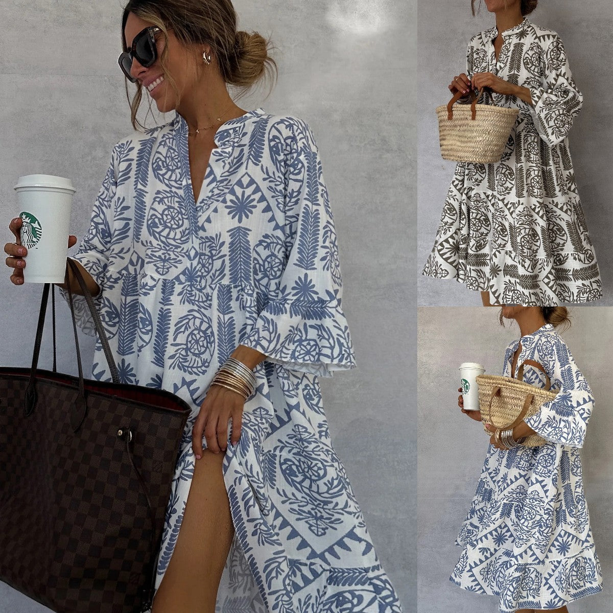 Autumn V-neck ruffle shirt dress