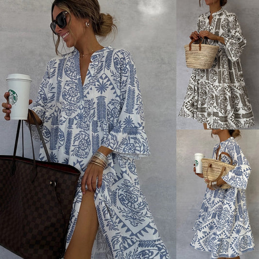 Autumn V-neck ruffle shirt dress