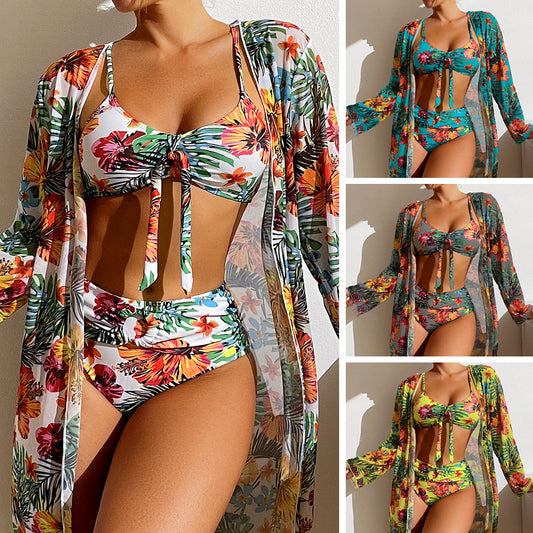 Floral Tie-Front Bikini Set, 3 Pieces