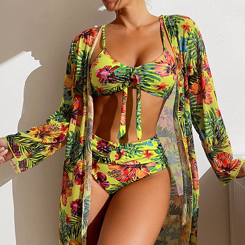 Floral Tie-Front Bikini Set, 3 Pieces