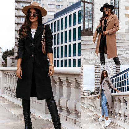 Solid wool long coat with lapel collar