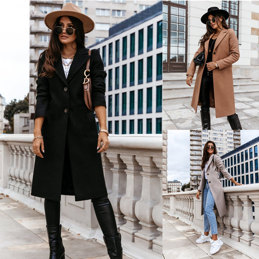 Solid wool long coat with lapel collar