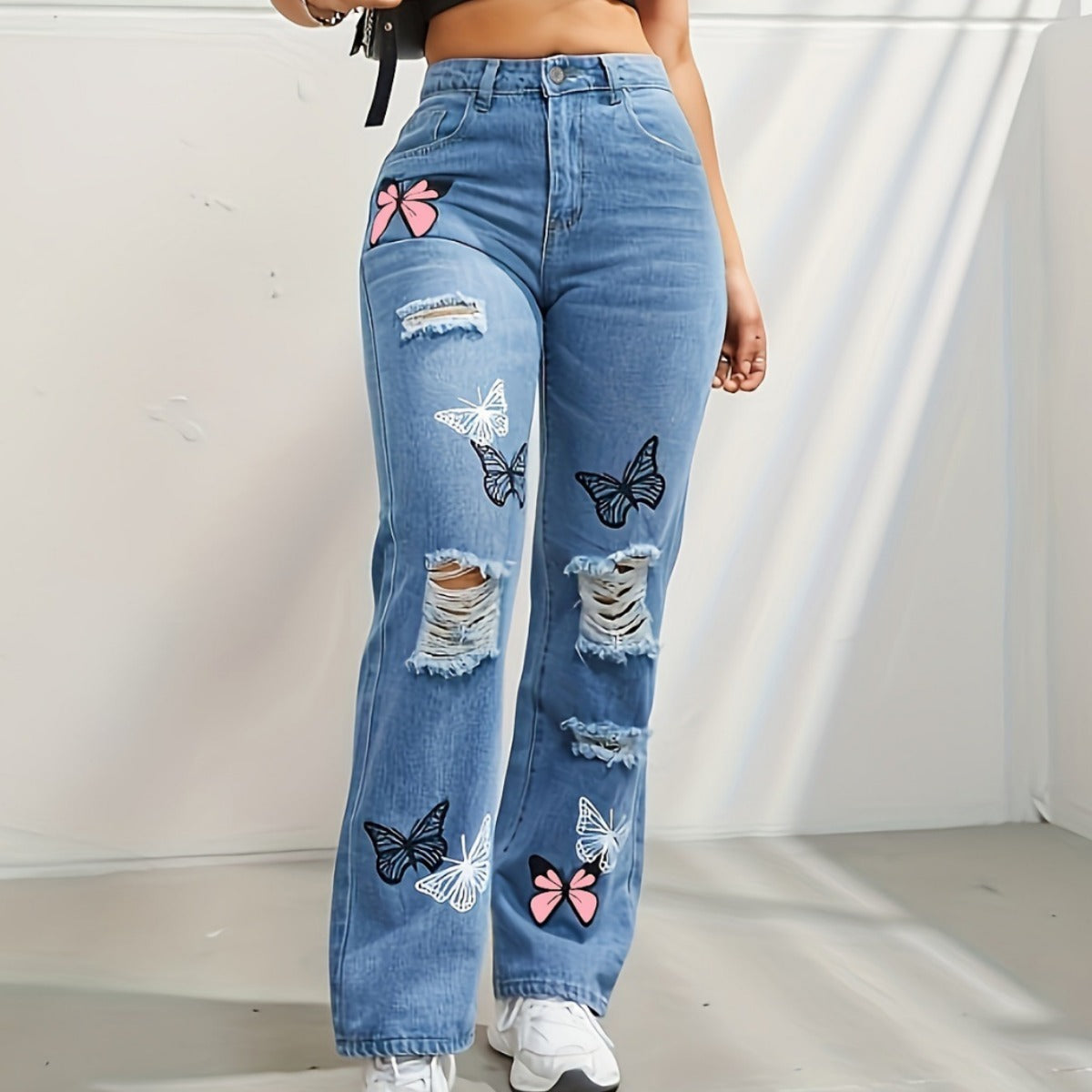 High-waist straight jeans with butterfly print