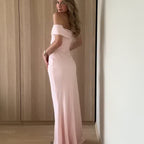 Side-slit tailored off-shoulder maxi dress