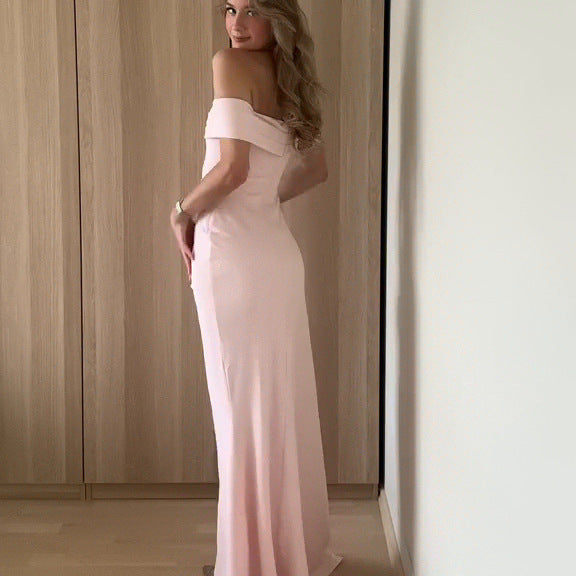 Side-slit tailored off-shoulder maxi dress