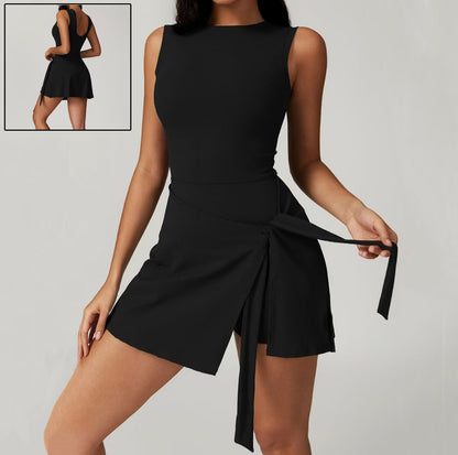 Backless athletic skort one-piece with waist tie
