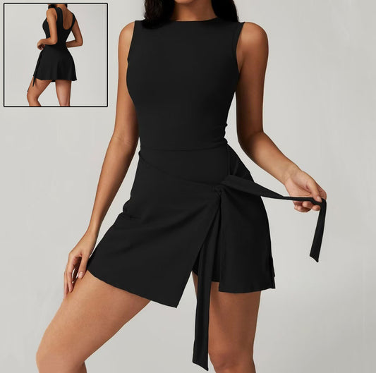 Backless athletic skort one-piece with waist tie