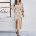 Batwing long-sleeve V-neck lace-up maxi dress