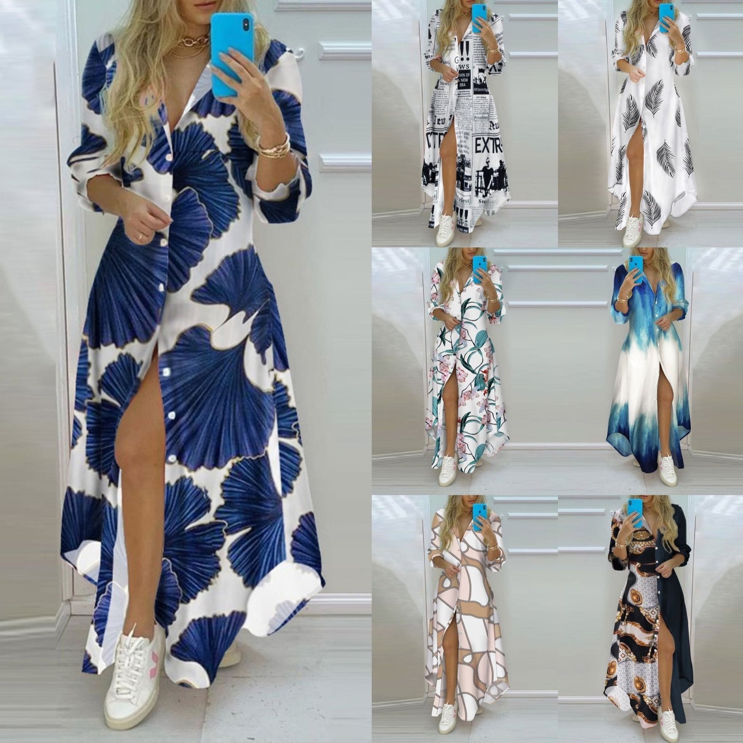 Button-down floral maxi dress with high slit