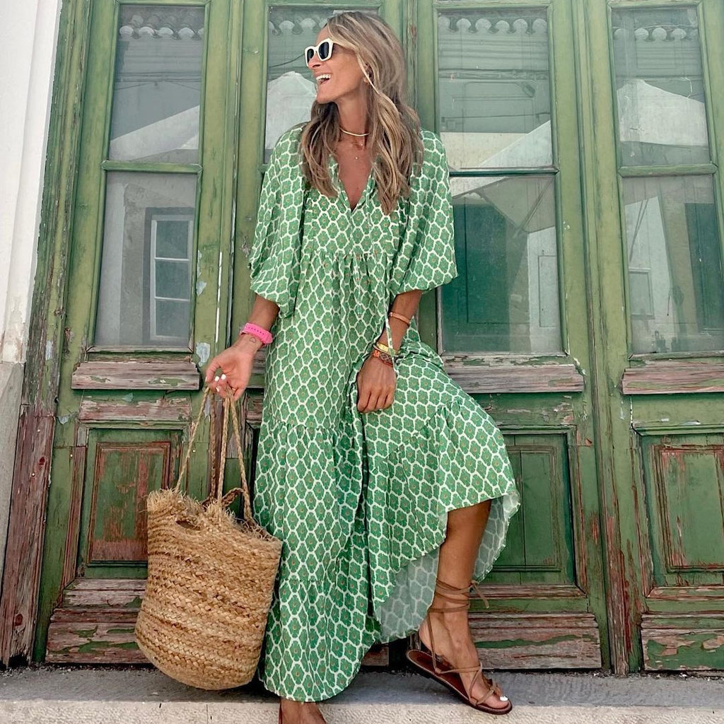 Vintage boho printed V-neck maxi dress