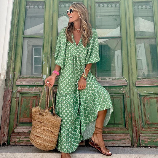 Vintage boho printed V-neck maxi dress