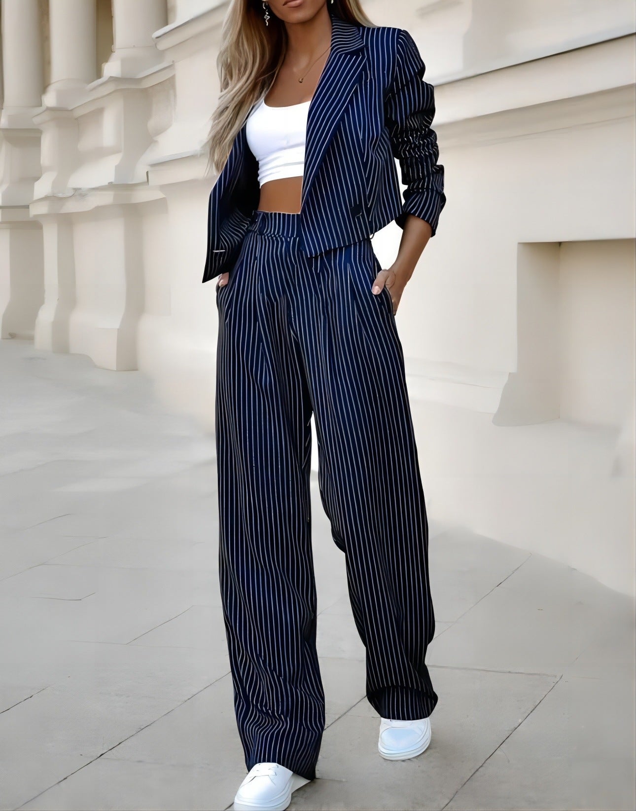 Casual Striped Outfit with Lapel Top