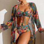 Floral Tie-Front Bikini Set, 3 Pieces