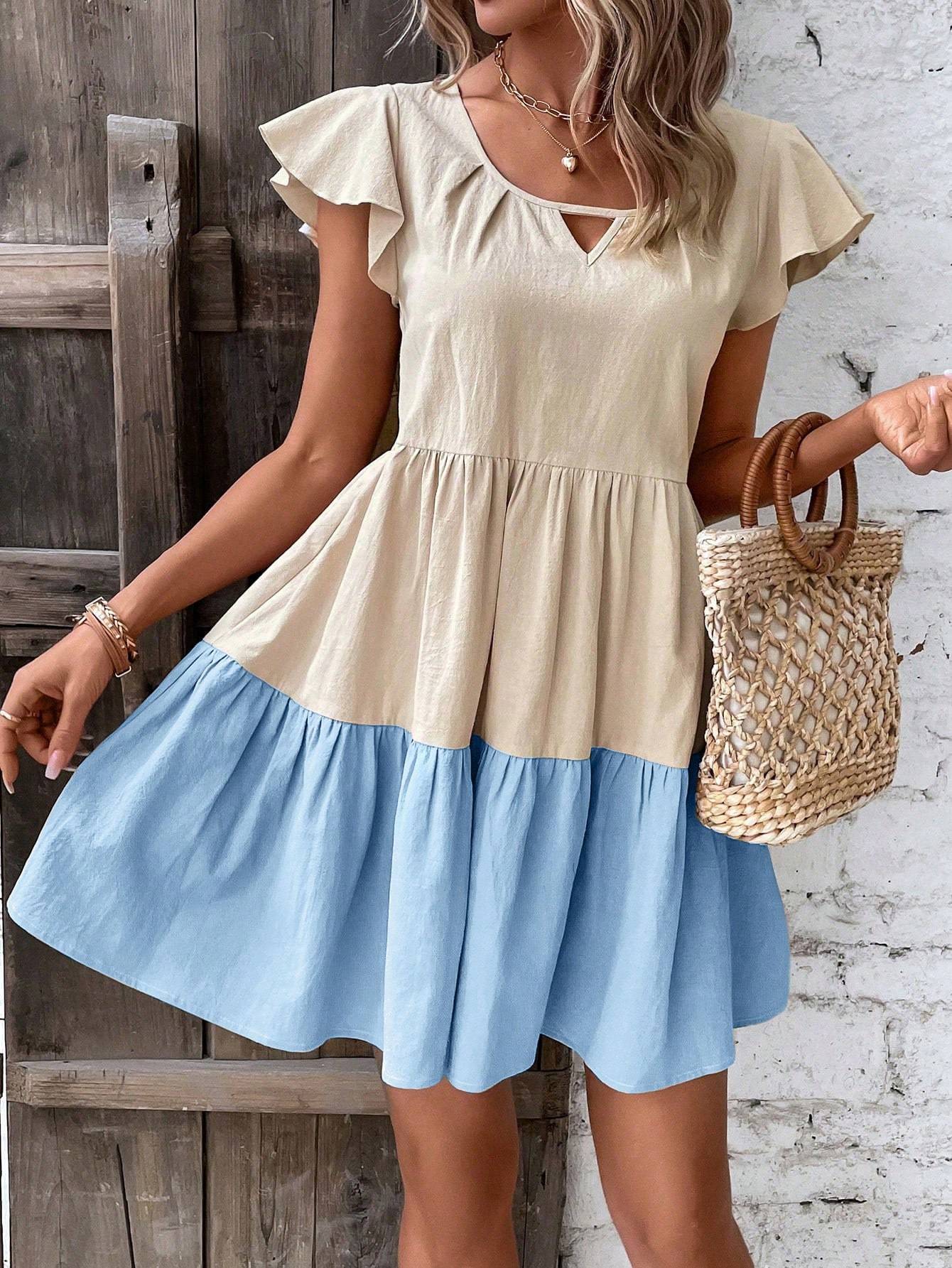 Colorblock keyhole smock dress with ruffle hem