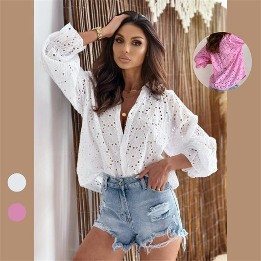 Cutout lantern-sleeve cotton blouse