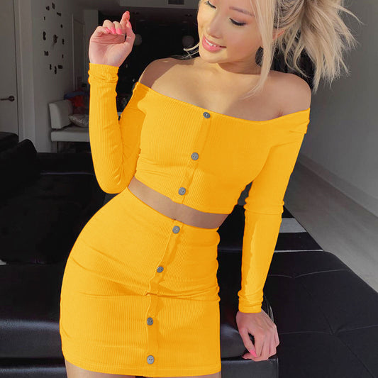 Off-shoulder long-sleeve top and skirt set