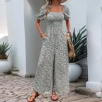 Square-neck puff-sleeve floral jumpsuit