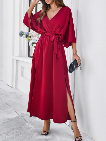 Batwing long-sleeve V-neck lace-up maxi dress