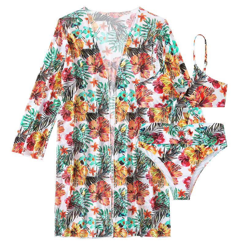 Floral Tie-Front Bikini Set, 3 Pieces