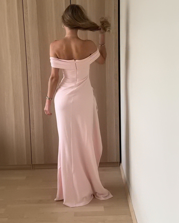 Side-slit tailored off-shoulder maxi dress
