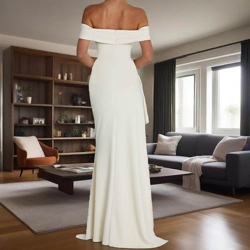 Side-slit tailored off-shoulder maxi dress