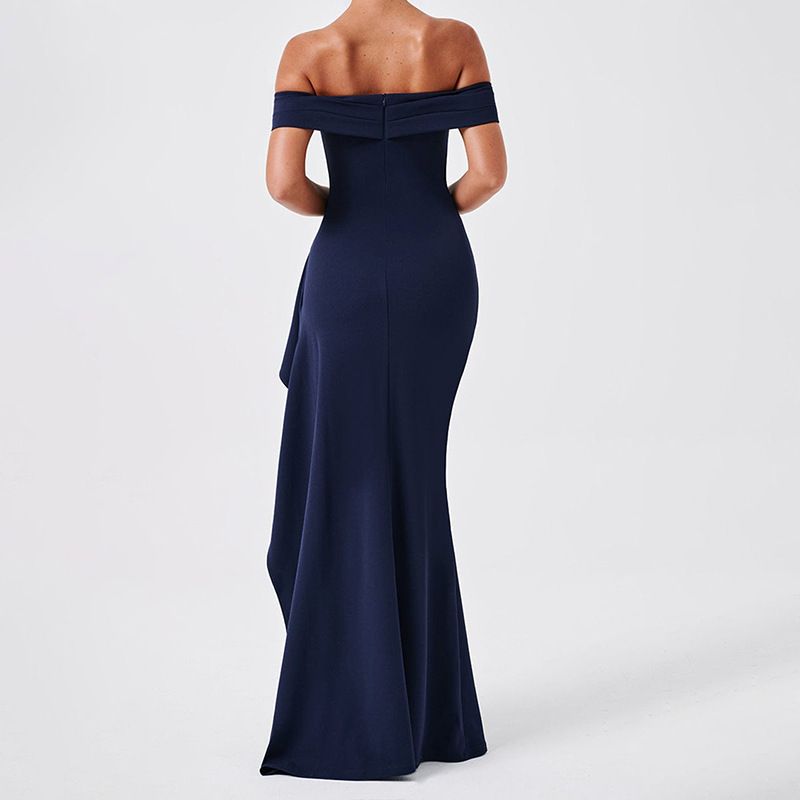 Side-slit tailored off-shoulder maxi dress