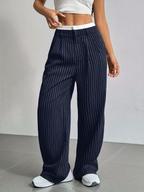 Striped high-waist straight trousers with pockets