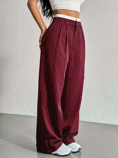 Striped high-waist straight trousers with pockets