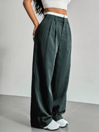 Striped high-waist straight trousers with pockets