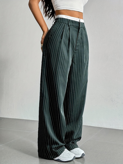Striped high-waist straight trousers with pockets