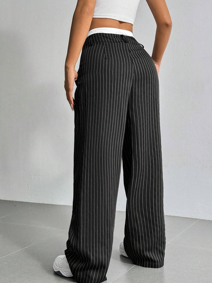 Striped high-waist straight trousers with pockets