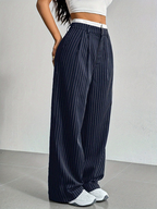 Striped high-waist straight trousers with pockets