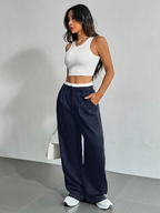Striped high-waist straight trousers with pockets