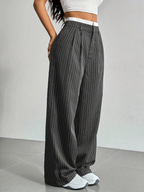 Striped high-waist straight trousers with pockets