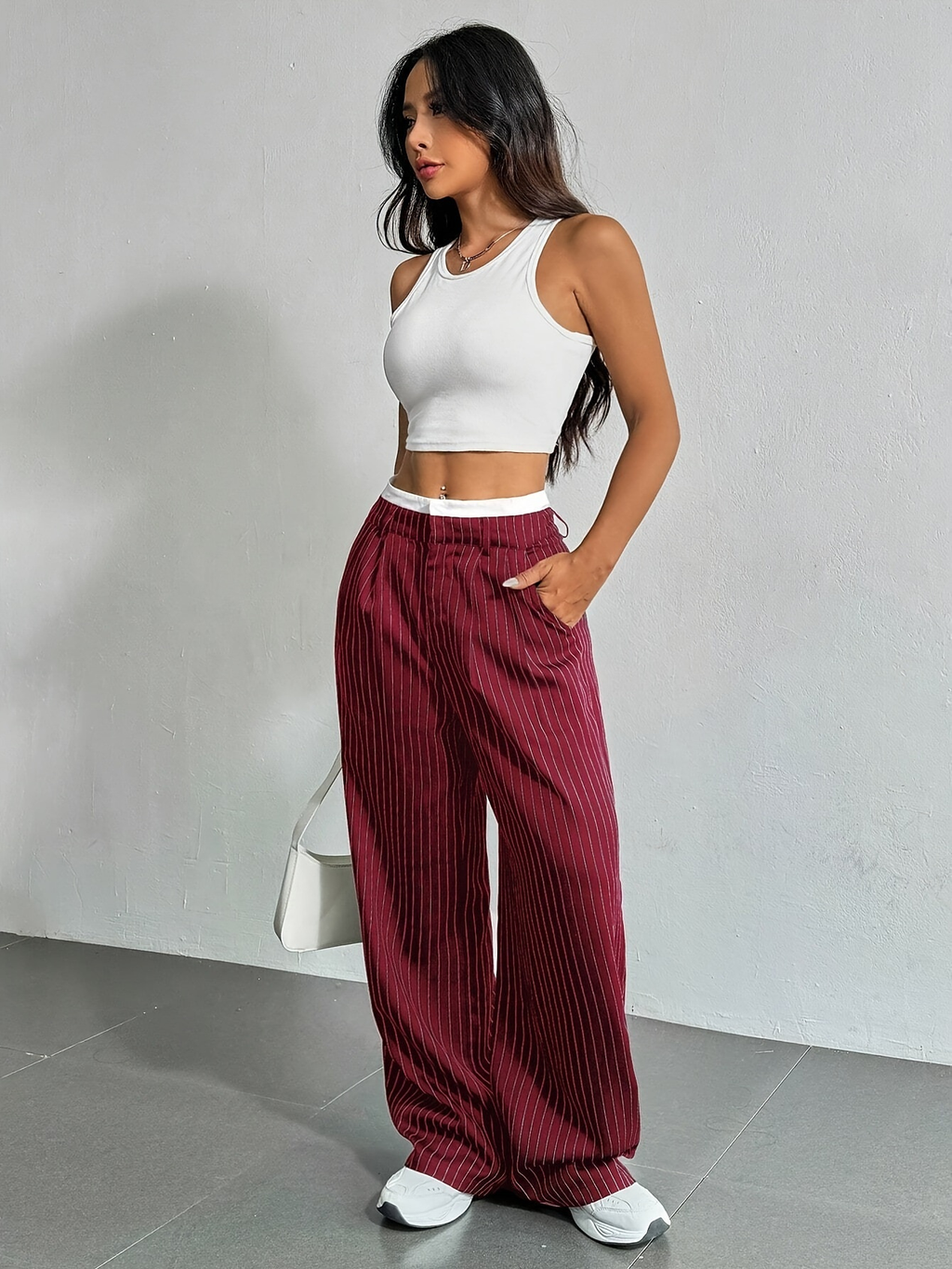 Striped high-waist straight trousers with pockets