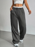 Striped high-waist straight trousers with pockets