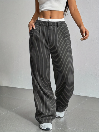 Striped high-waist straight trousers with pockets