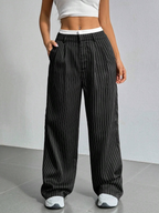 Striped high-waist straight trousers with pockets