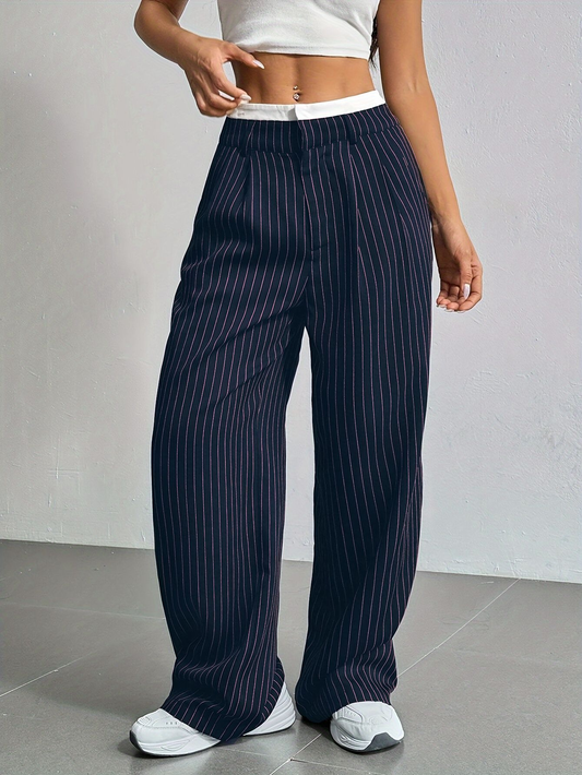 Striped high-waist straight trousers with pockets