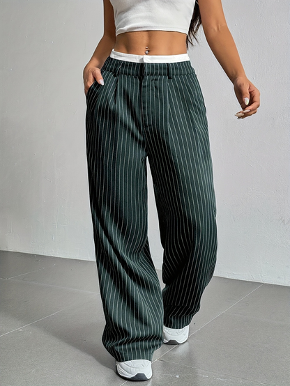 Striped high-waist straight trousers with pockets